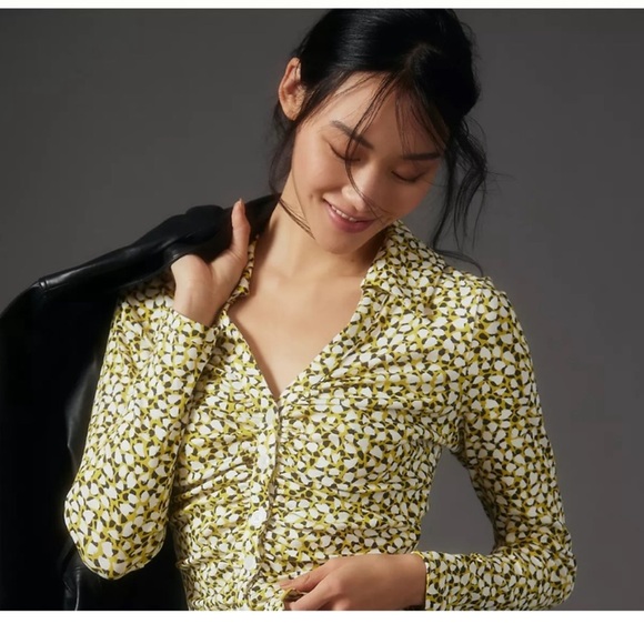 Maeve by Anthropologie Ruched Button-Front Shirt Yellow Abstract Print Small - Picture 9 of 11